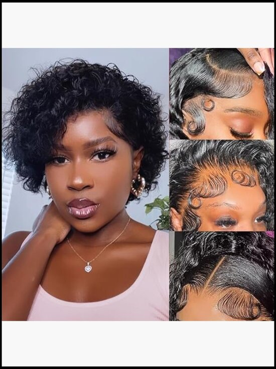 Short Curly Pixie Cut Wig with Bangs Human Hair Glueless Bob Wig Full Machine main image 4
